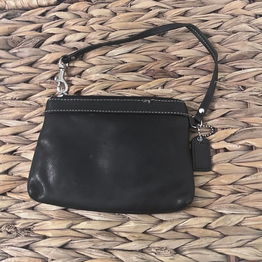 Authentic Coach Black Leather Wristlet with Silver Hardware